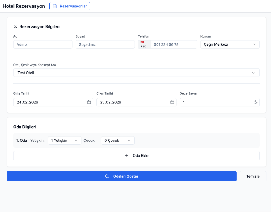 Otel rezervasyon ekranı