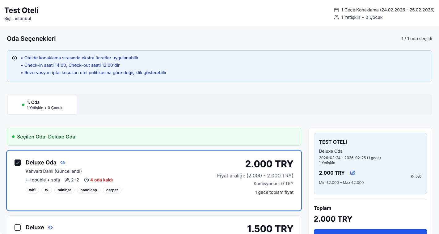 Otel oda seçenekleri ekranı