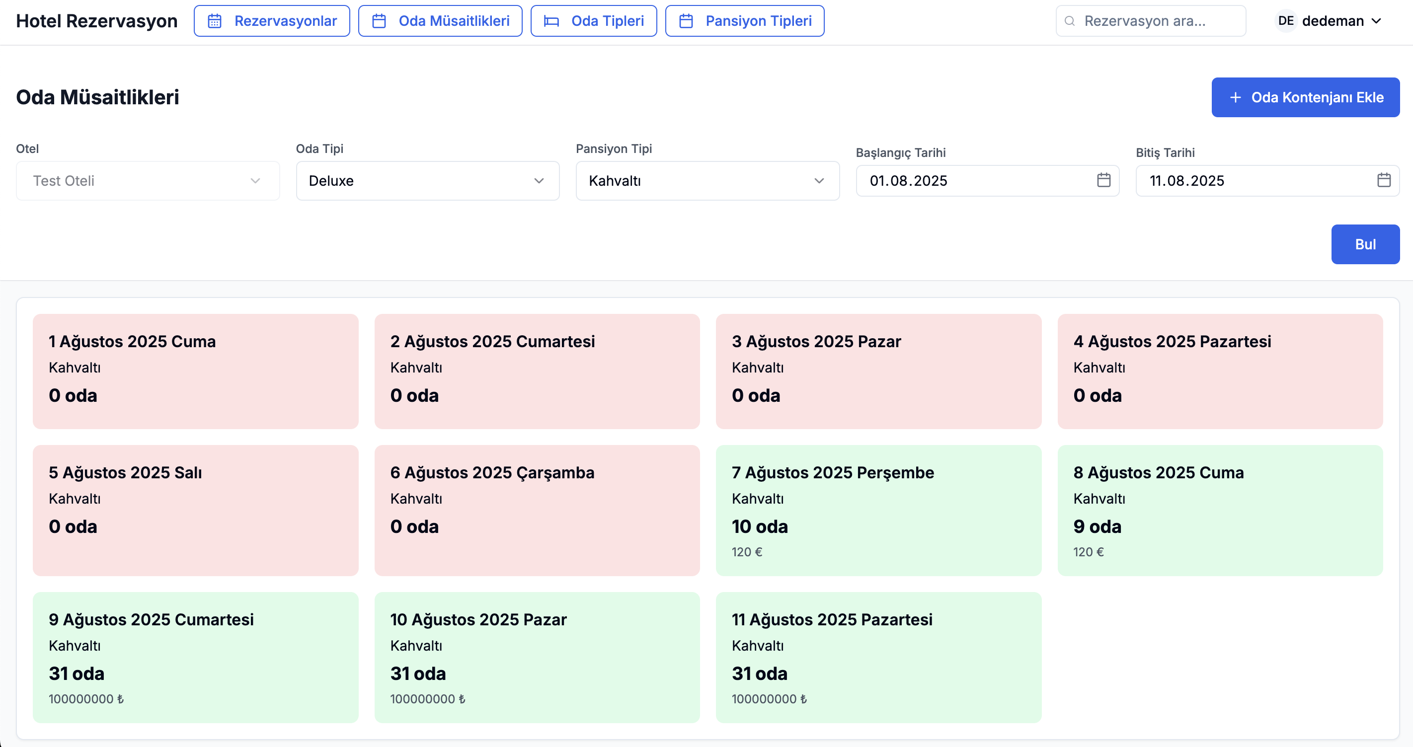Oda müsaitlikleri ekranı